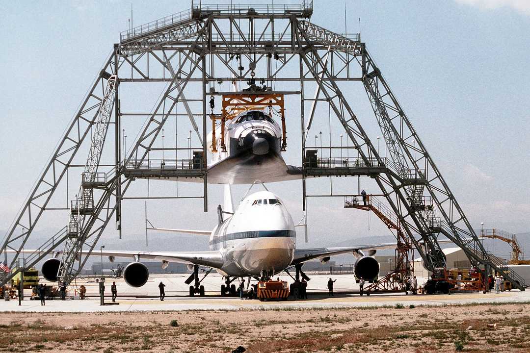 Vintage photograph of a space shuttle piggybacking on a 747